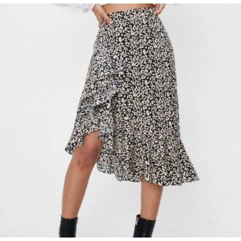 Nasty Gal Asymmetrical Flowy Leopard Waterfall Ruffle Trim Print Midi Skirt - 4